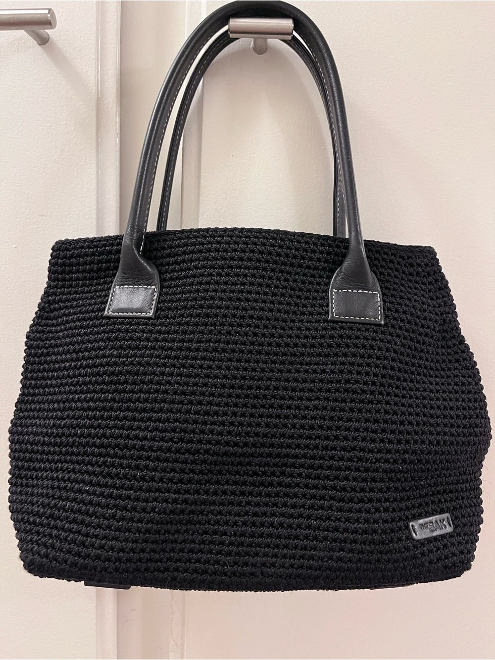 The Sak Black Woven Tote with Leather Handles
